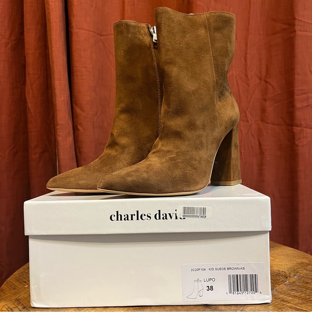 Charles David Brown Suede Leather Bootie Heeled Booties Zipper Sz 38